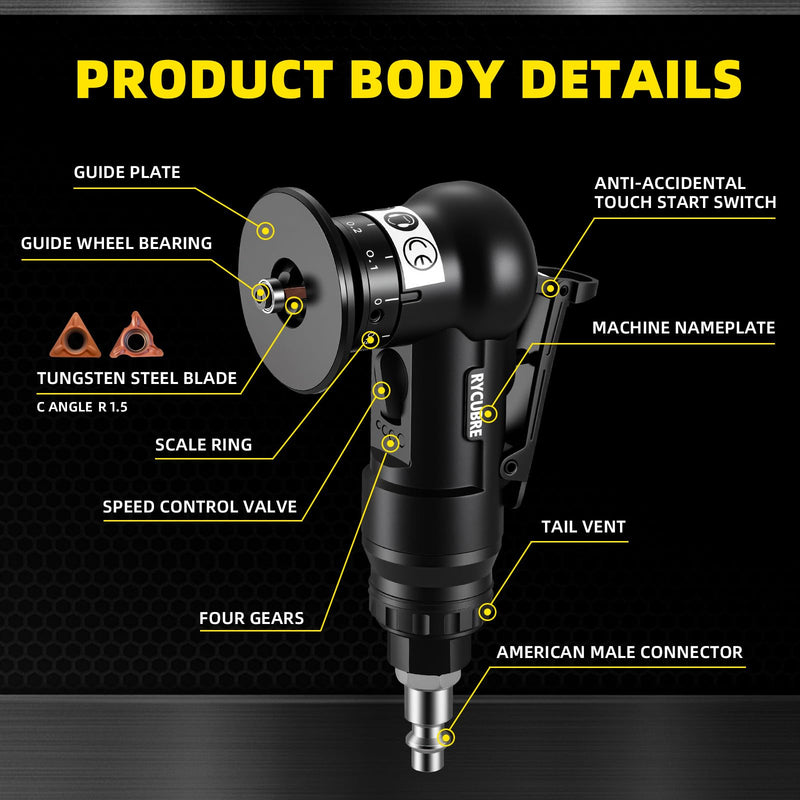 Pneumatic Chamfer Tool - Mini Air Chamfering Machine with 6 C Blades, 6 R Blades & 6 Bearings, 45 Degree Deburring Tool for Metal, Wood, Acrylic - Air Beveling Tool for Precision Work (Yellow) Black