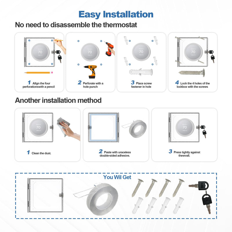 Thermostat Lock Box,Thermostat Lock Box with Key,Thermostat Guard,Transparent Thermostat Protective Cover,Compatible with Thermostats 4.88''X4.64''X1.97'' or Smaller (Square - Key lock) Square - Key lock