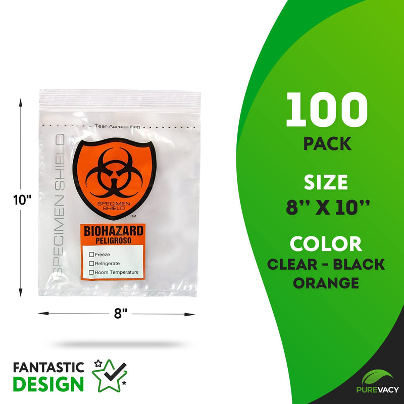 Biohazard Specimen Bags, 8 x 10 Inches. Pack of 100 Clear Biohazard Bags. 3-Wall Polyethylene Speciman Bag, 2 Mils. Waterproof Plastic Bag with Pull-to-Tear Zipper and Orange Hazard Sign 8" x 10" / Orange-Black 1 Count (Pack of 100)