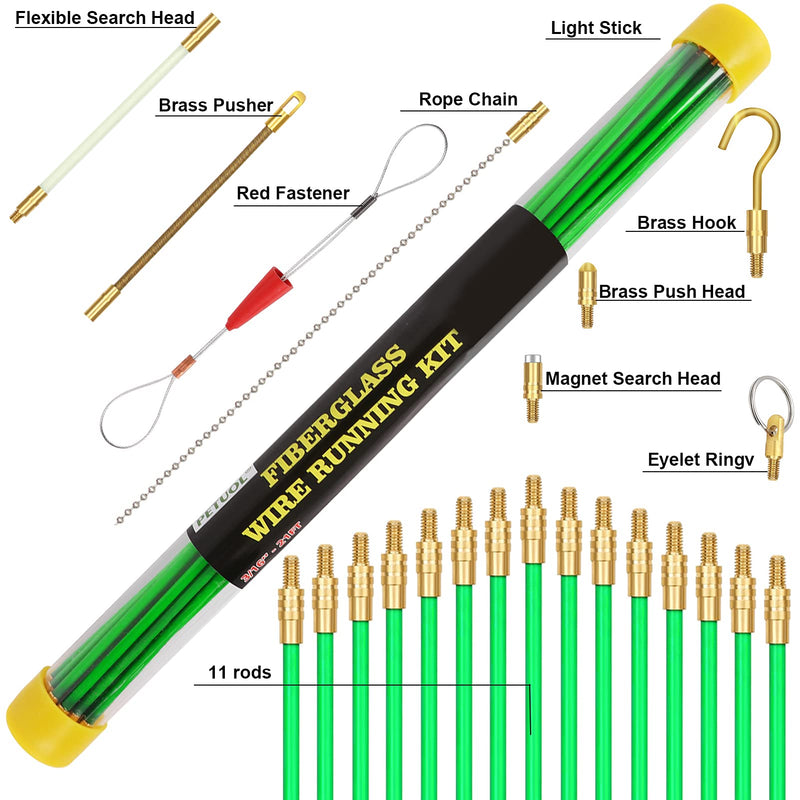 21 Feet Fiberglass Fish Tape Cable Rods, Electrical Wire Running Pull/Push Kit with Hook and Hole Kit Glow Rod, Hook Hole, Green 21FT
