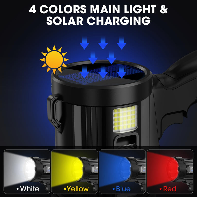 Rechargeable Spotlight, 99,000 Lumens Super Bright Handheld Led Flashlight, Outdoor Spot Light with Cob Light and Solar Panelsfor Boating Camping