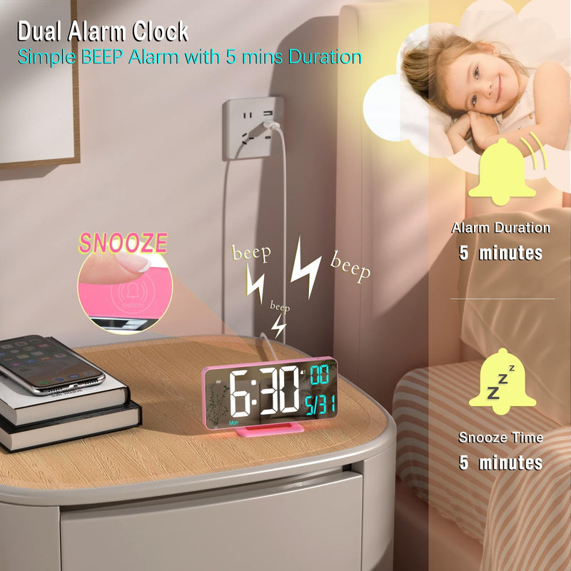 Pink Digital Clock for Bedroom 6.7in Dual Alarm Clock with Dimming, 12/24h, Seconds, Date, Day of Week, Temp, Desk Clock, LED Clock for Table Decor, Digital Calendar Table Clocks for Bedrooms KOSUMOSU Pink Clock(white + Blue Digits)