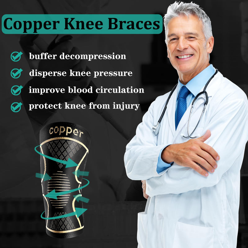 Copper Knee Braces for Women and Men 2 Pack, Knee Compression Sleeve for Knee Pain, Arthritis,ACL, Meniscus Tear, Joint Pain Relief, Knee Support for Running, Working Out, Fitness, Weightlifting-M Black+copper Medium