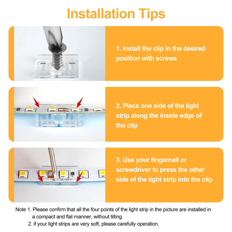 VIPMOON 100pcs Clear LED Strip Light Mounting Clips 8mm Width Holders and 100pcs Compatible Stainless Steel Phillips Screws Mounting Brackets for Waterproof or Non-Waterproof 3528 5050 5630 8mm wide
