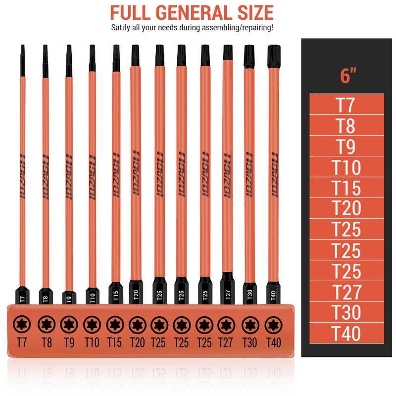 12Pcs Long Torx Bit Set 6-Inch (152mm), T7 to T40, Magnetic Security Tamper Proof Star Bit Set,1/4 Inch Hex Shank | S2 Steel