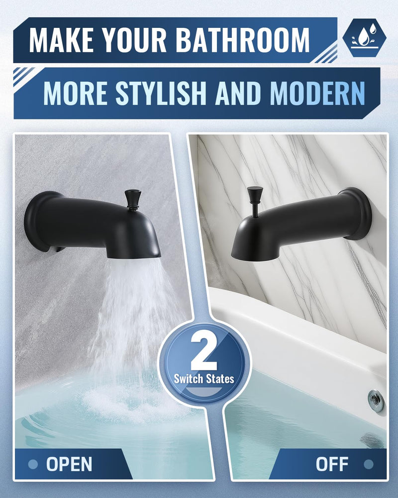Slip On Bathtub Spout with Diverter, Extra Long 6 Inch Bathtub Spigot, Shower Spout with PTFE Tape & Hex Wrench, Fits for 1/2" IPS Threads,Matte Black Matte Black