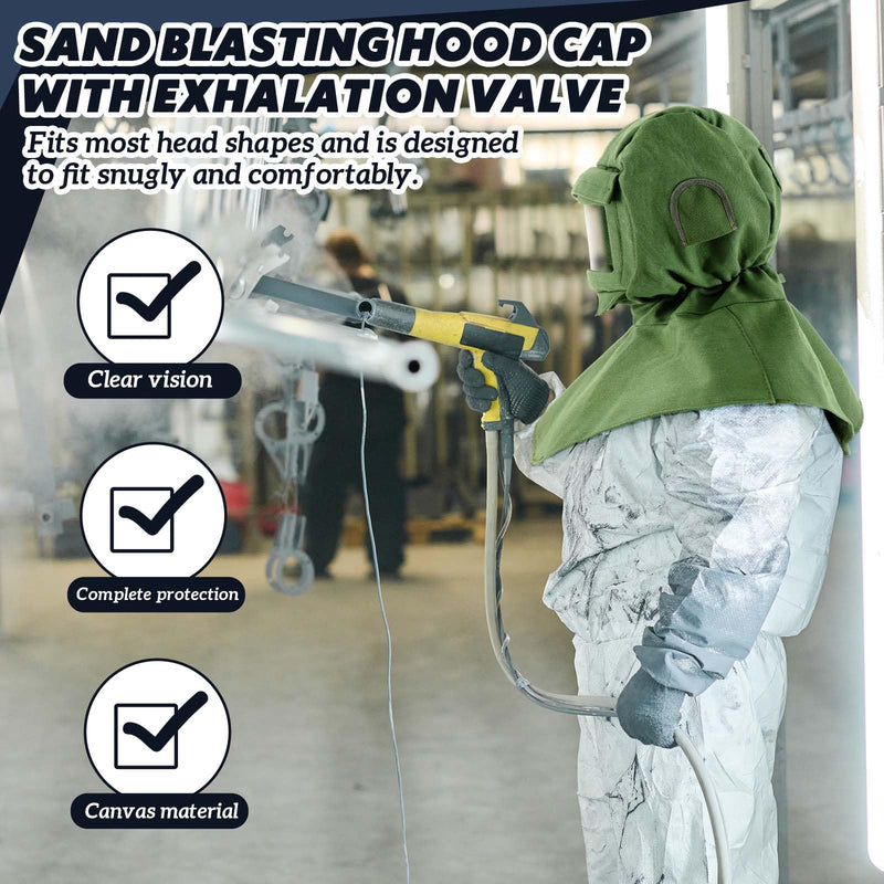 Jecery 2 Pack Sand Blasting Hood Mask with Replacement PC Lens Canvas Shawl Cap for Polishing Painting Dusting Grinding (Short,Green) Short Green