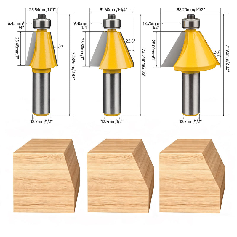 HUHAO 3Pcs Chamfer Router Bit Set 1/2 Inch Shank Bevel Router Bits 15, 22.5, 30 Degree 3pc