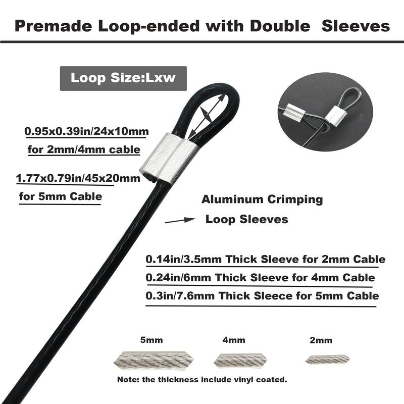 5 Pcs 4mm Wire 24 inch Vinyl Coated Stainless Steel Cable with Loops Short Wire Rope Lanyard Lock Security Chain Link for Outdoor Gates, Black(4mm x 24inch) 4mm(T) X 24 in(L) 5PCS