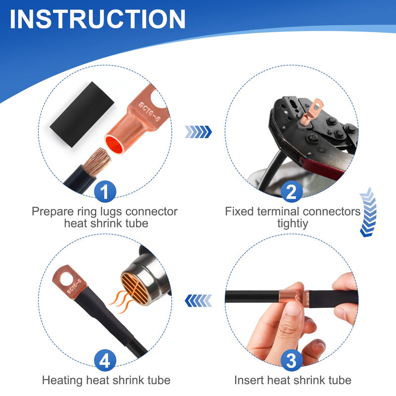 260Pcs Copper Wire Lugs, Battery Cable Ends AWG 2 4 6 8 10 12 Gauge Wire Connectors with Heat Shrink Set, Ring Terminals Connectors Battery Cable Lugs Battery Lugs with 140Pcs Heat Shrink Tubing Kit 260PCS