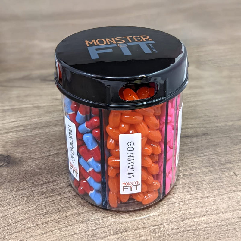 Monster Jr Supplement Pill Dispenser - Holds Small Medium Medication Vitamins and Easily Dispense from One Container Includes Compartment Labels ( 1 Pack) Monster Jr - 1 Pack