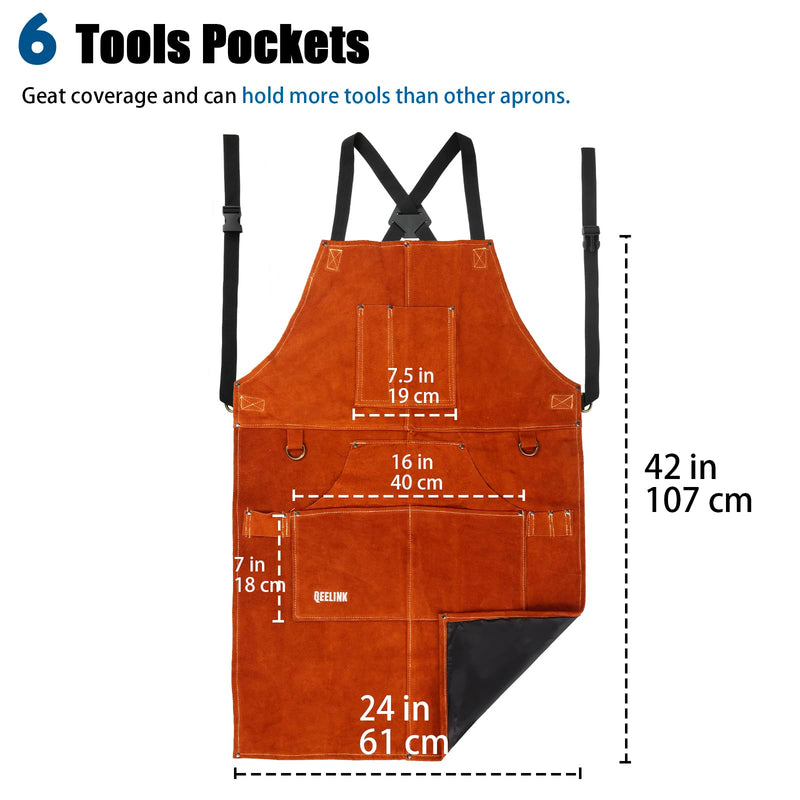 QeeLink Leather Welding Apron with 6 Pockets - Heat & Flame-Resistant Apron, 24'' X 42'', Adjustable M to XXXL Brown