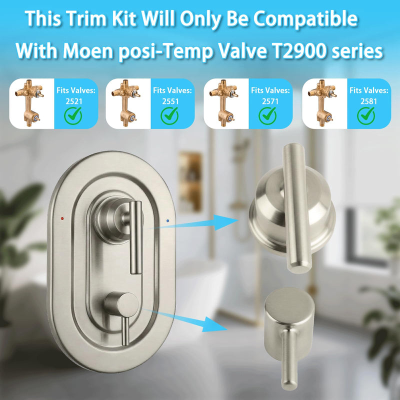 T2900BN Brushed Nickel Shower Handle 3-Function Transfer Valve Shower Trim Kit, Compatible with Moen T2900BN Gibson Posi-Temp Series, Multi-Function Shower Handle (Valve Not Included)
