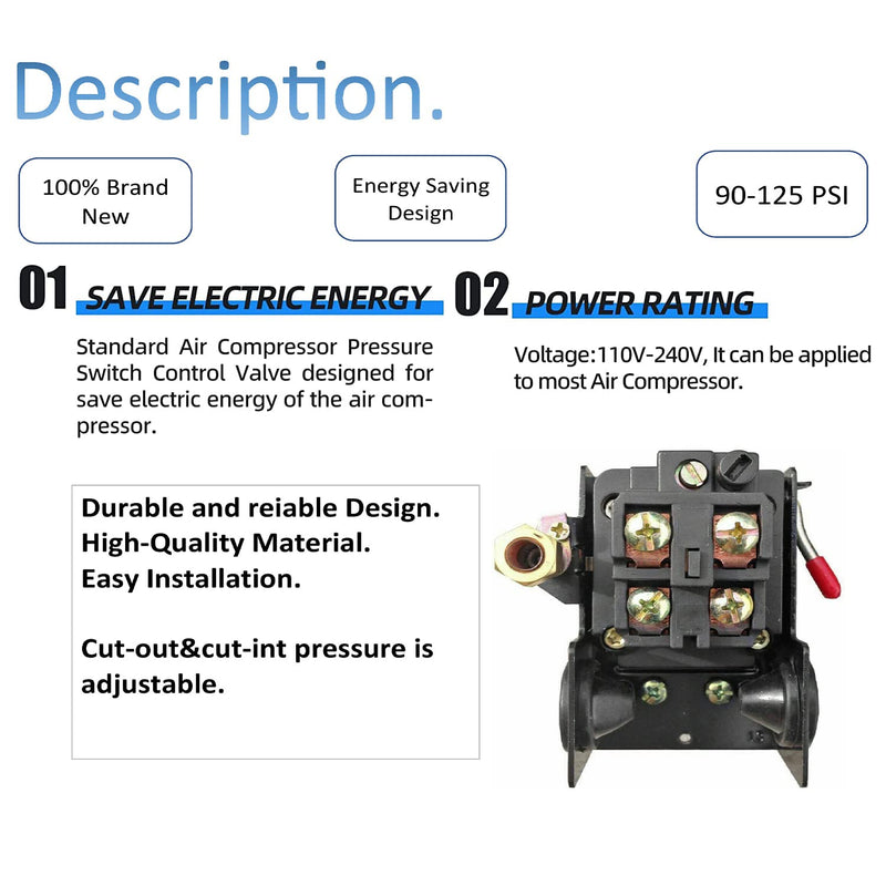 Heavy Duty Air Compressor Pressure Switch Control 90-125 psi Single Po ...