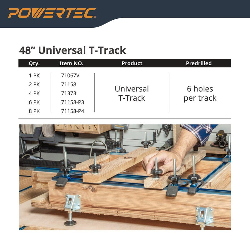 POWERTEC 71158 48 Inch Double-Cut Profile Universal T-Track with Predrilled Mounting Holes, T Track for Woodworking Jigs and Fixtures, Drill Press Table, Router Table, Workbench, 2 Count, Pack of 1 48" T track, 2PK