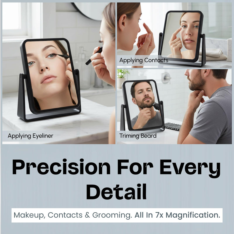 Danielle Creations Rectangle Soft Touch Vanity Mirror, Black, 1x/7x Magnifying Makeup Mirror with Stand, Portable Tabletop Bathroom or Desk Mirror Rectangular / Black & 1x/7x Magnification