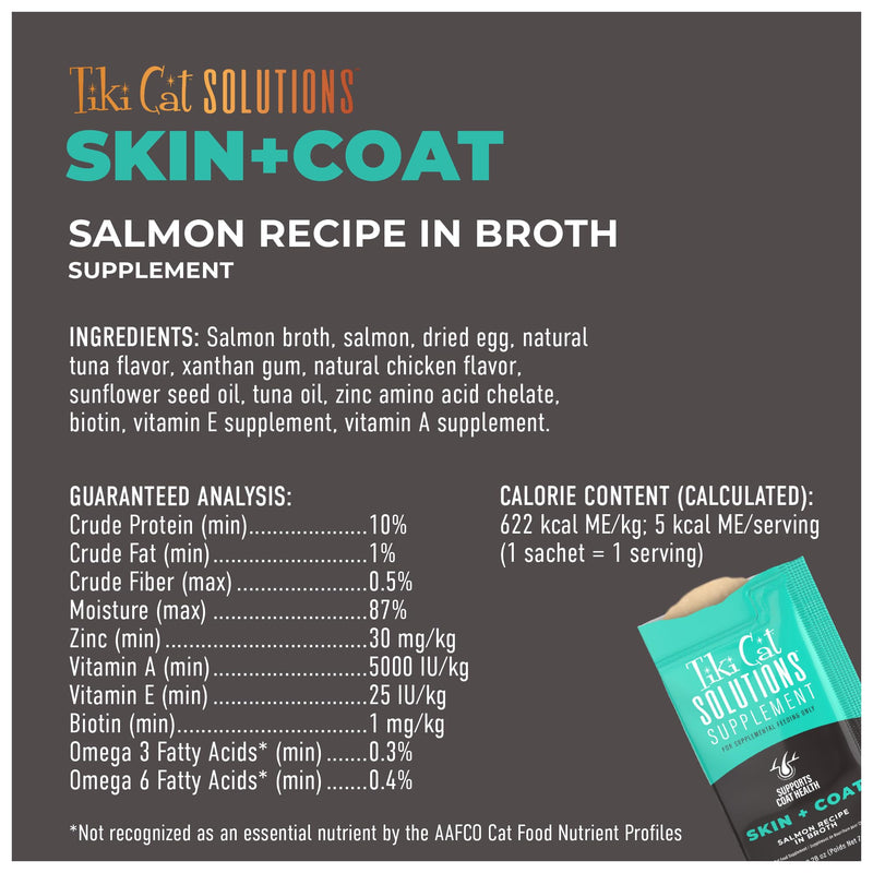 Tiki Cat Solutions Supplements Skin & Coat Mousse, Salmon in Broth, Formulated with Omega Fatty Acids, Functional Cat Food Supplement, 5.6 oz. Pouch (Pack of 20)
