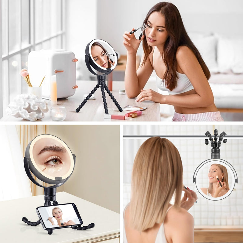 KOOKIN Travel Makeup Mirror with Lights and Magnification 1X/10X, Lighted Makeup Mirror, Rechargeable, 3 Color Lighting, Dimmable, 360° Rotation, Double Sided, Hanging Handheld Mirrors (Black) Black