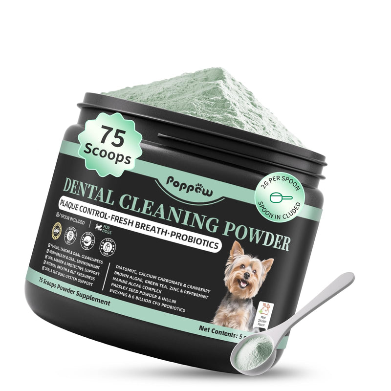 Dog Dental Powder, Dog Teeth Cleaning Powder with 6B CFU Probiotics, Enzymes & Antioxidants, Fresh Breath Support, Plaque & Tartar Off, No Brushing Oral Care - 75 Servings, Mint Chicken Flavor