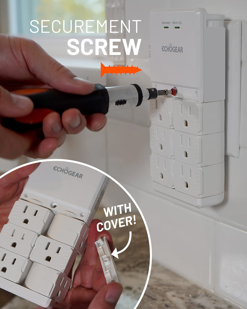 ECHOGEAR Wall Outlet with USB Ports & Surge Protection - Power Protect 8 Devices 6 Rotating AC Plugs 2 Includes 1x USB-C Port USB-A White White With USB-C & USB-A