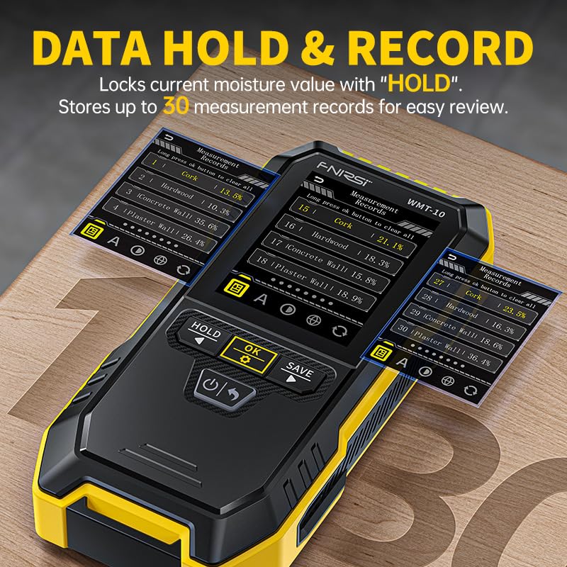 FNIRSI WMT-10 Rechargable Wood Moisture Meter, Pinless Moisture Meter for Wood, Firewood, Wall, Support Data Hold and Record, Flashlight, Humidity Detector for Lumber Concrete Building
