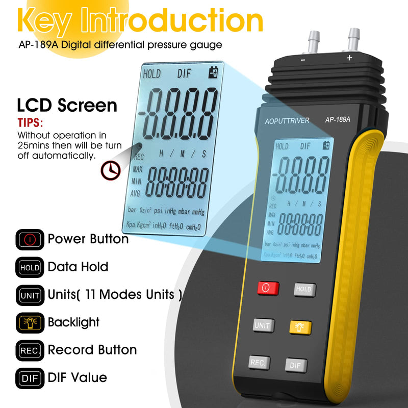 Manometer, AP-189A Professional Gas Pressure Tester, Dual-Port Manometer Air Pressure Meter, 11 Selectable Units Differential Pressure Gauge, HVAC Digital Manometer with Backlight Data Record AP-189A（6Psi）