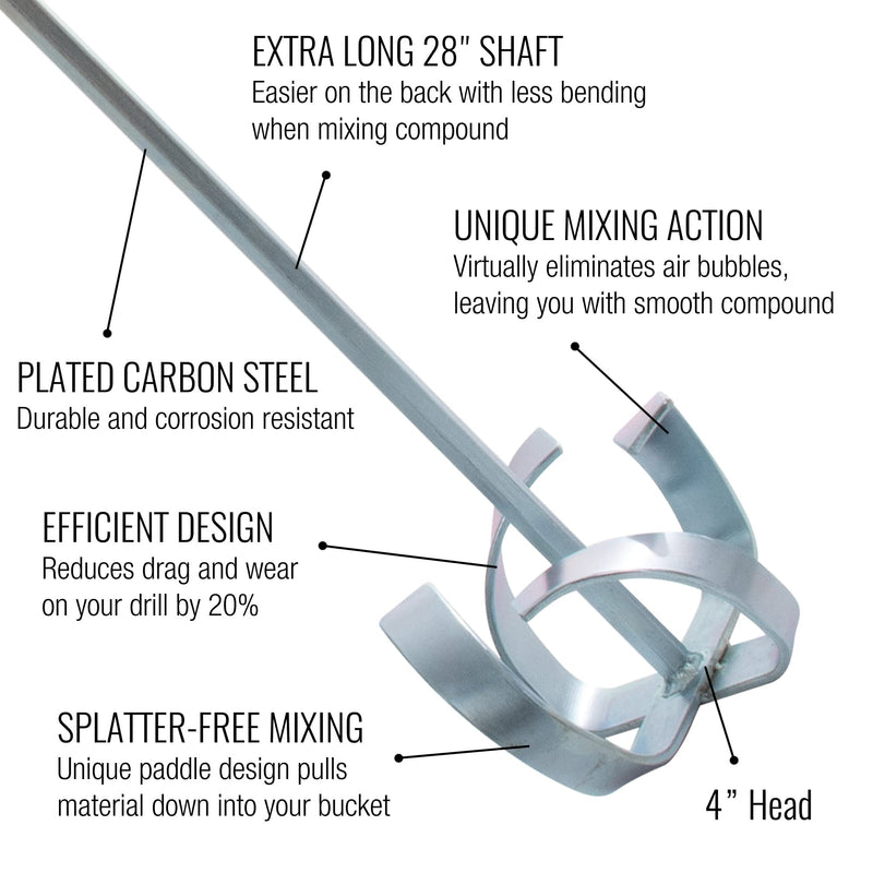Paint & Drywall Mud Mixer - LEVEL5 | 28" Shaft, 4" Head | Pro-Grade | Extra Long Drill Attachment Paddle | 5-294