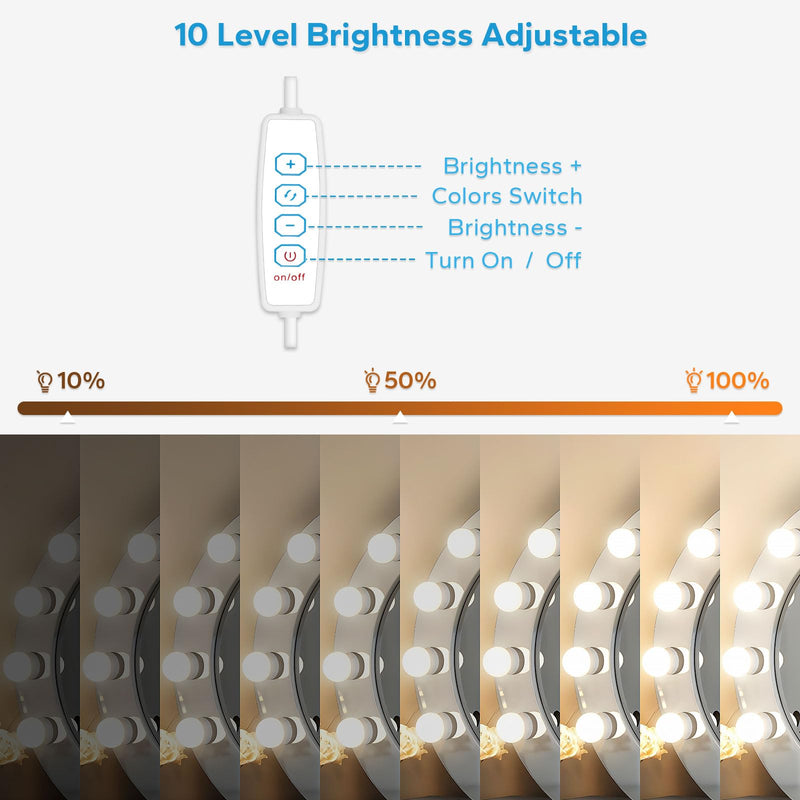 LED Vanity Lights for Mirror, Vanity Lights Stick on with 10 Dimmable Bulbs, 3000K 4000K 6500K & 10 Level Brightness Adjustable, USB Cable, Hollywood Mirror Lights for Makeup Dressing Room Bathroom 10 Dimmable Bulbs(White)