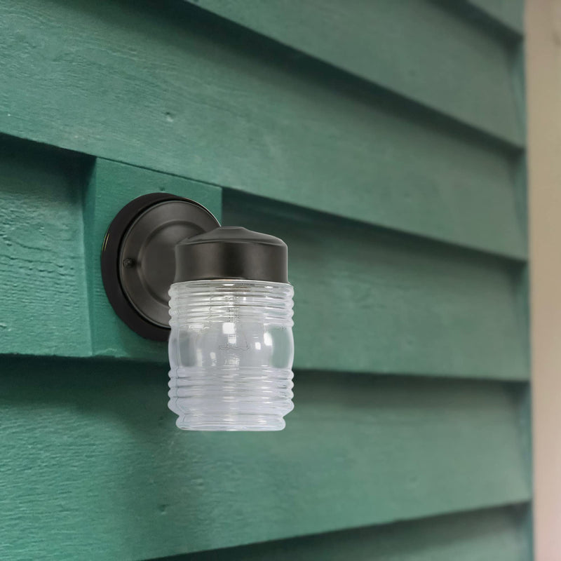 Design House 502195 Jelly Jar Classic 1 Indoor/Outdoor Wall Light with Clear Ribbed Glass for Entryway Porch Patio, 1-Pack, Matte Black Wall Sconce