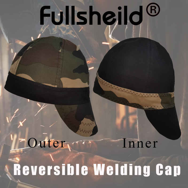 Fullsheild Reversible Welding Cap Flame Resistant CAT 2 Protective FR Welder Hats 6 Pannel Lightweight Printed for Men Women Camo 7 1/2