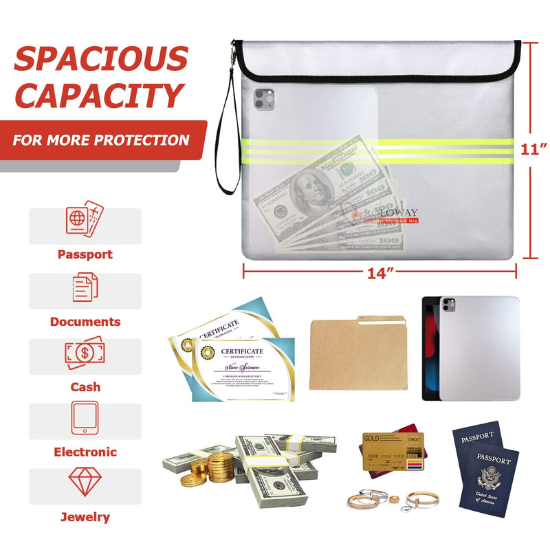 ROLOWAY Fireproof Document Bag (14 x 11 inch) with 5200℉ Upgraded Aluminum Foil Layer, Fireproof Bag for Documents with Reflective Strip, Fireproof Money Bag for Cash Safe with Zipper (Silver) 14 x 11 inch 5200℉ Silver