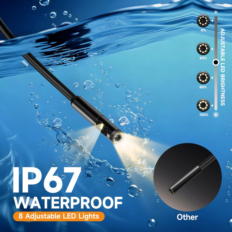 Dual Lens Endoscope Camera with Light, 1920P HD Borescope with 4.3" IPS Screen, IP67 Waterproof Inspection Camera with 8 Adjustable LEDs, 16.5ft Semi-Rigid Cable, 32GB Card-Black