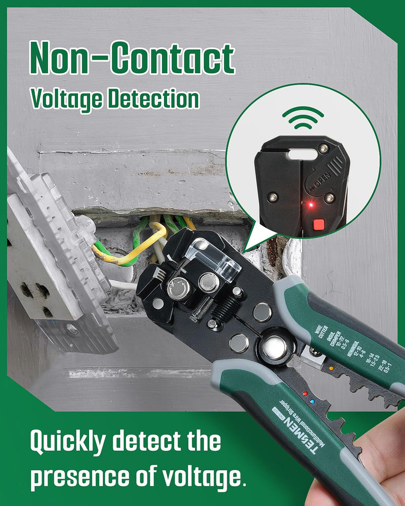 TESMEN TWS-322 Self Adjusting Wire Stripper with Non-Contact Voltage Detection, 4-in-1 Automatic Wire Stripper Tool, Universal Wire Cutters and Crimping Tool, for 10-24 AWG Electrical Wire