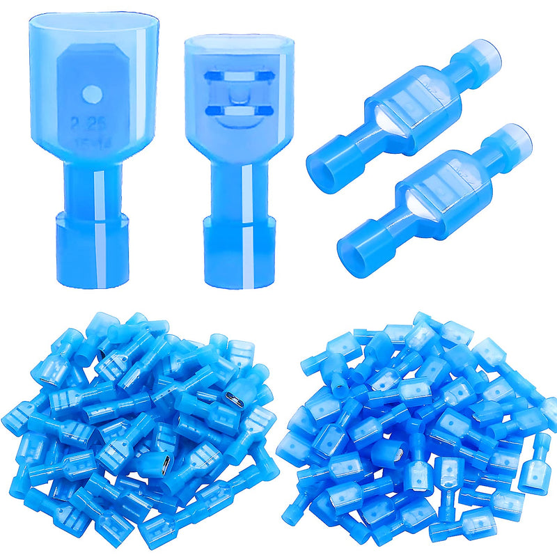 Twidec/100PCS Nylon Spade Connectors Kit 16-14 Gauge Quick Disconnect Fully Insulated Male and Female Wire Spade Terminal Assortment Kit Blue N-025-BU