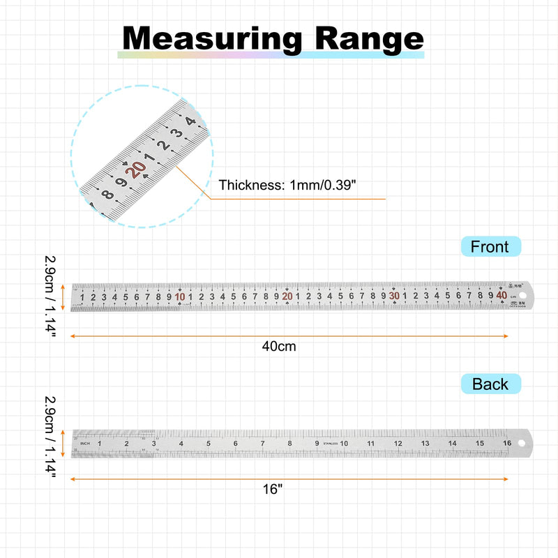 PATIKIL 40cm/16" Metal Straight Ruler, 3Pcs Stainless Steel Ruler Etching Process Inch Millimeter Graduations for Measuring Engineer Construction 43 x 2.9cm / 16.93 x 1.14"