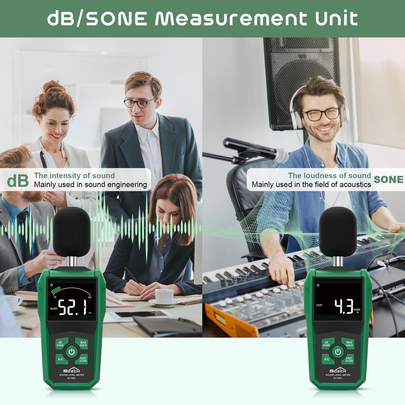 Decibel Meter,SQECH Digital Sound Level Meter with Color Backlit Screen,Portable SPL Meter with A/C Weighted,dB/SONE Unit,FAST/SLOW Response,MAX/MIN,Data Hold,Range 30-130dB,for Home/Office/Factories