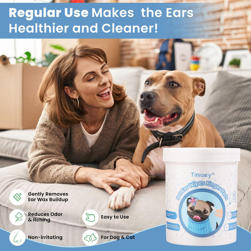 Dog Ear Wipes for Dogs - 1.9in-Wide Large Sized Finger Pads(60 Pads) | Plant-Based Cat Dog Ear Cleaner Wipes Cleaning Solution to Remove Dirt and Ear Wax, Relieve Itching & Inflammation 1.9 inch wide