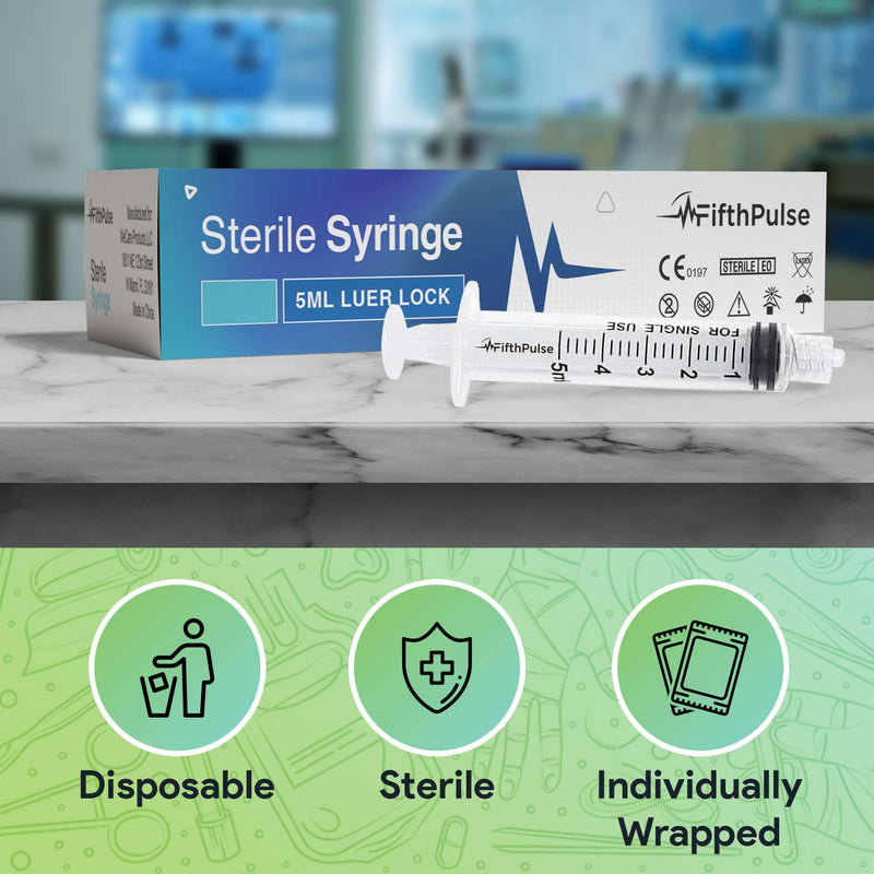 5 ml Syringe without Needle - 5 Pack of Individually Wrapped Disposable Syringes - Good for Medical, Scientific Lab, Home Use, and More - Sterile Luer Lock Syringes 5 ML 5.0
