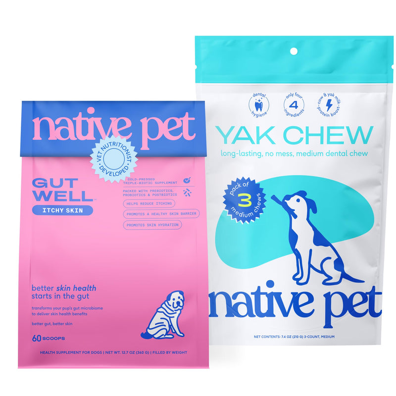 Native Pet Itch Relief & Dental Bundle: 60 Scoops GutWell Itchy Skin - Dog Itching Skin Relief & Seasonal Allergy Itch Relief & 3 Medium Yak Cheese Himalayan Dog Chews - Long Lasting Dental Sticks