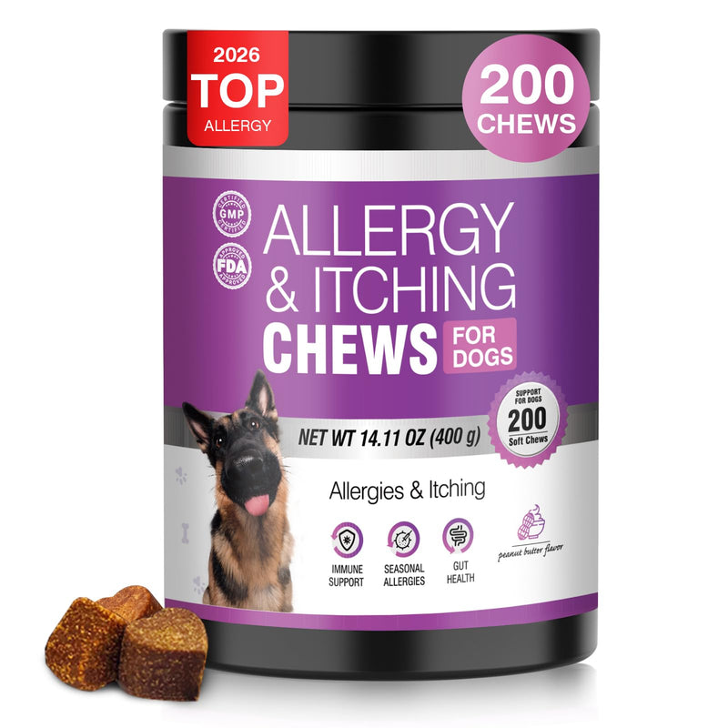 Dog Allergy Chews 200ct - Dog Allergy Itching Skin Relief Immune Support Anti Itch Probiotics for Yeast, Itchy Skin and Itchy Ears, Vitamins for Seasonal Allergies Itchy Skin Gut Health,Peanut Butter