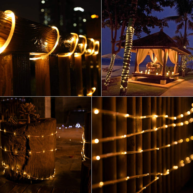 Brightown Solar Rope Lights, 39FT 100LED Outdoor Solar String Lights, IP65 Waterproof Solar Powered Fairy Lights with 8 Lighting Modes for Party Garden Yard Home Holiday Tree Decoration, Warm White 100 LED
