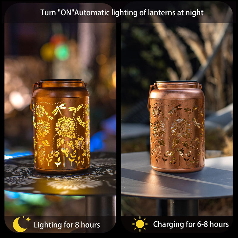 Solar Lanterns Dragonfly Lights Outdoor Decor Hanging Lantern Waterproof Metal LED Sunflower Light Decorative Garden,Yard,Patio,Lawn,Christmas Gifts for Women Mon Grandma 1pack Sunflower