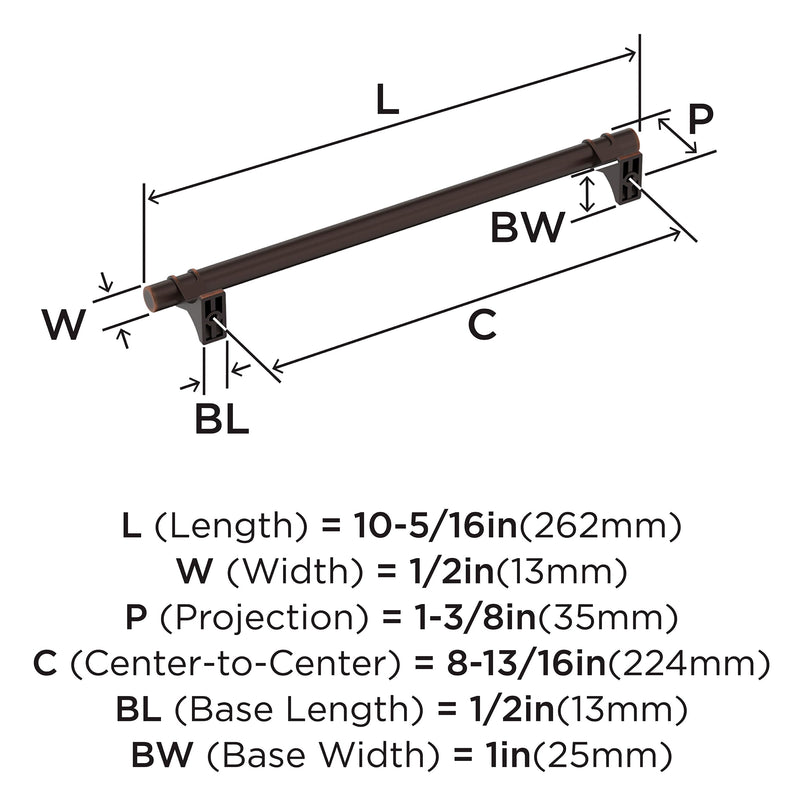 Amerock 8-13/16" Davenport Oil-Rubbed Bronze Drawer Pull | 8-13/16 inch (224mm) Center-to-Center Mounting Distance and 10-5/16 inches Overall Length, Durable Zinc Cabinet Hardware 8-13/16 Inch (224 mm) Center-to-Center Oil Rubbed Bronze
