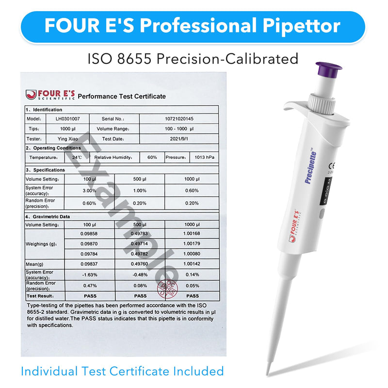 FOUR E'S SCIENTIFIC 2-20μL Pipette, Professional Single-Channel Pipettor Lightweight High Accurate Adjustable Variable Volume Micro Pipette with Calibration Certificate (Model LH0301003) 03 (2-20μL)