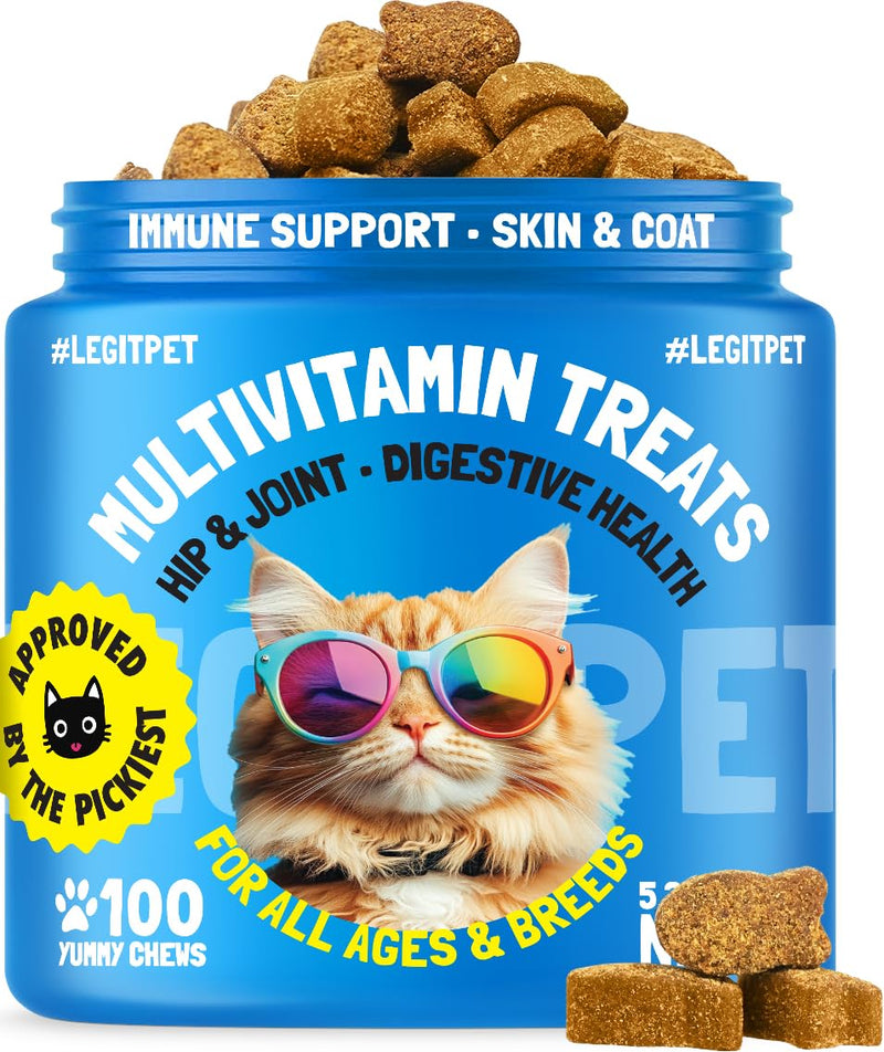 Multivitamin Cat Treats Vitamins for Indoor Cats Skin & Coat Digestion Immunity Mobility Heart & Brain Support Supplements for Overall Cat Health with Vitamins A B C D E and Biotin 100 Yummy Chews Multivimin 100