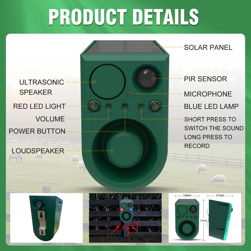 ChunHee Solar Outdoor Motion Sensor Alarm with Dog Barking Alarm Sound, Support Recording and Adjustable Volume, 129db Loud Noise Maker 4 Work Modes Strobe Light for Home, Villa, Farm, Barn (1pack) 1PC