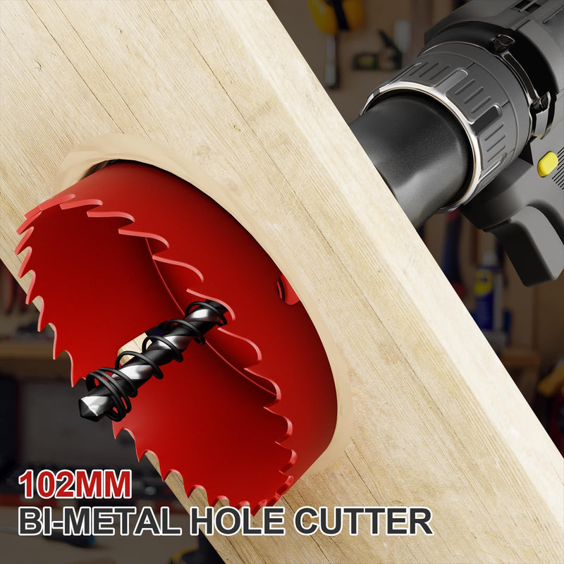4 Inch Hole Saw - 102mm M42 HSS Bi-Metal Hole Cutter, Triangular Shank Hole Saw Drill Bit with Spring, Hole Saw Tools for Wood, Plywood, Plastic, Gypsum Board, Various Thin Metal Sheets 4"(102mm)