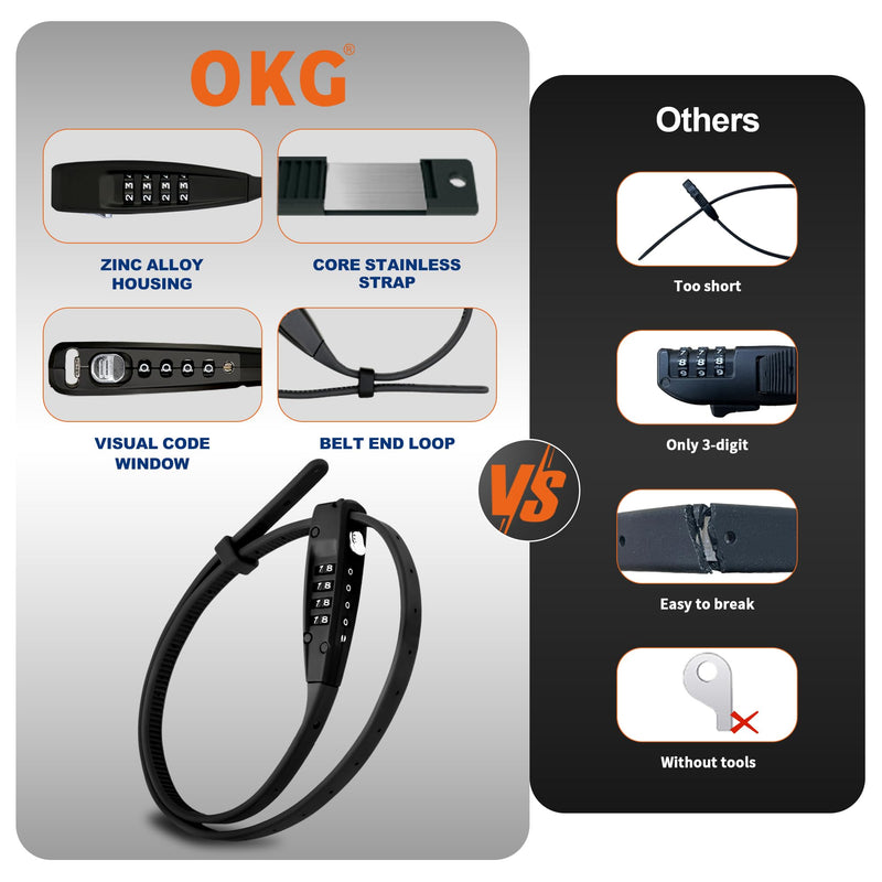 OKG Zip Tie Combination Lock - 2.3 Foot Extended Stainless Steel Adjustable Cable Lock with Anti-Scratch Protection- Secure Bikes, Helmets, Skis, Kayak, Luggage, and Fence Gate Doors (Black)