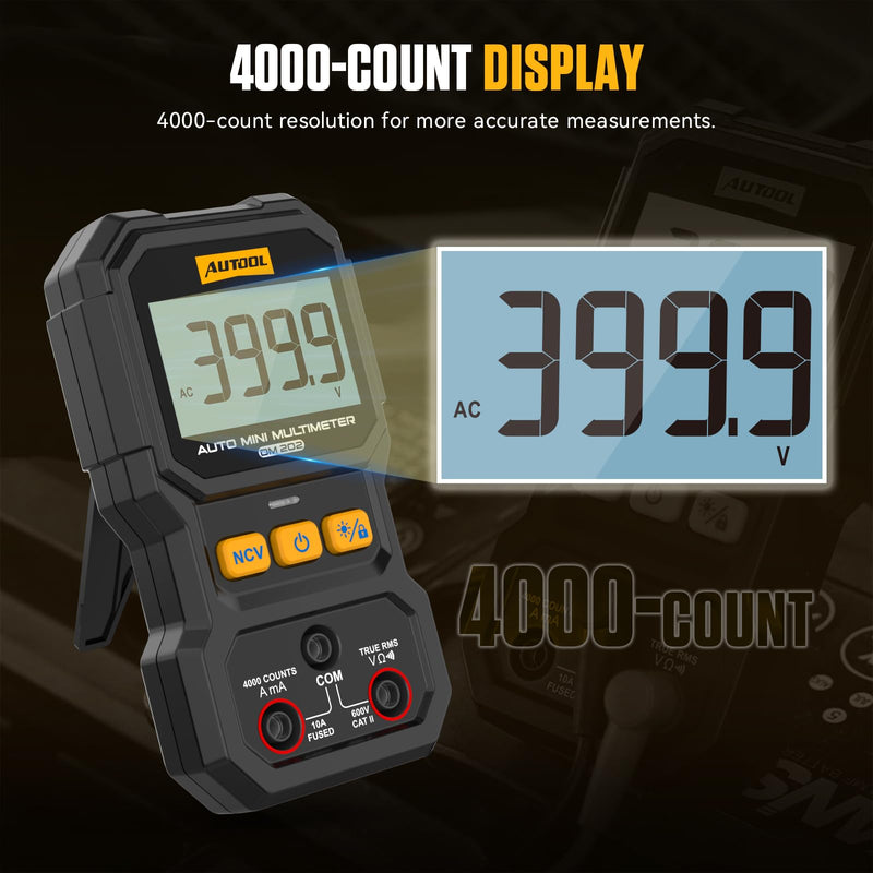 AUTOOL DM202 Mini Digital Multimeter, Auto-Ranging 4000 Counts True RMS NCV Non-Contact Voltage Tester, 600V AC/DC Voltmeter with Backlight, Automotive Electrical Diagnostic Tool