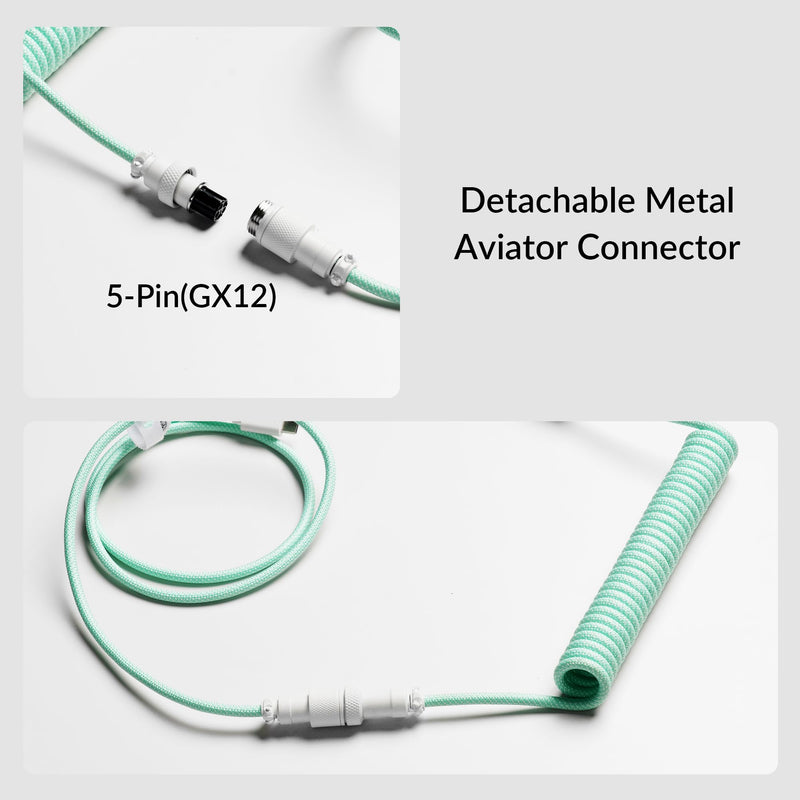 Keychron 8KHz Coiled USB-C Cable for Mechanical Keyboards, GX12 5-Pin Detachable Aviator Connector, USB-A Adapter, 176 cm / 5.77 ft Braided Cable, Charging & Data Transfer, Mint Straight Connector
